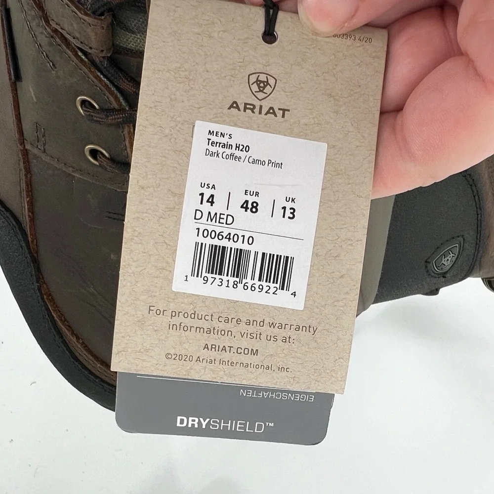Ariat Mens Terrain H20 Waterproof Boots Camo Dark Coffee 10064010 Size 14 D NWT
